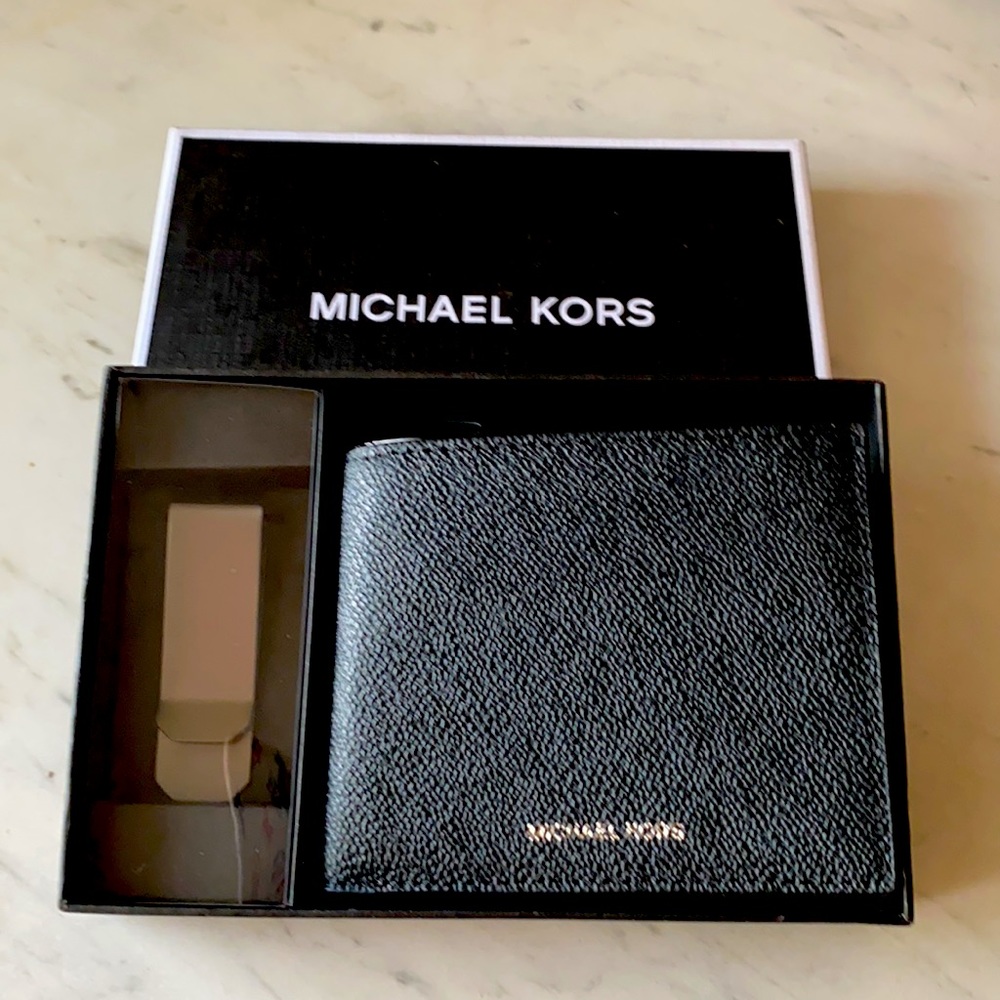 MK black monogram wallet & money clip set.